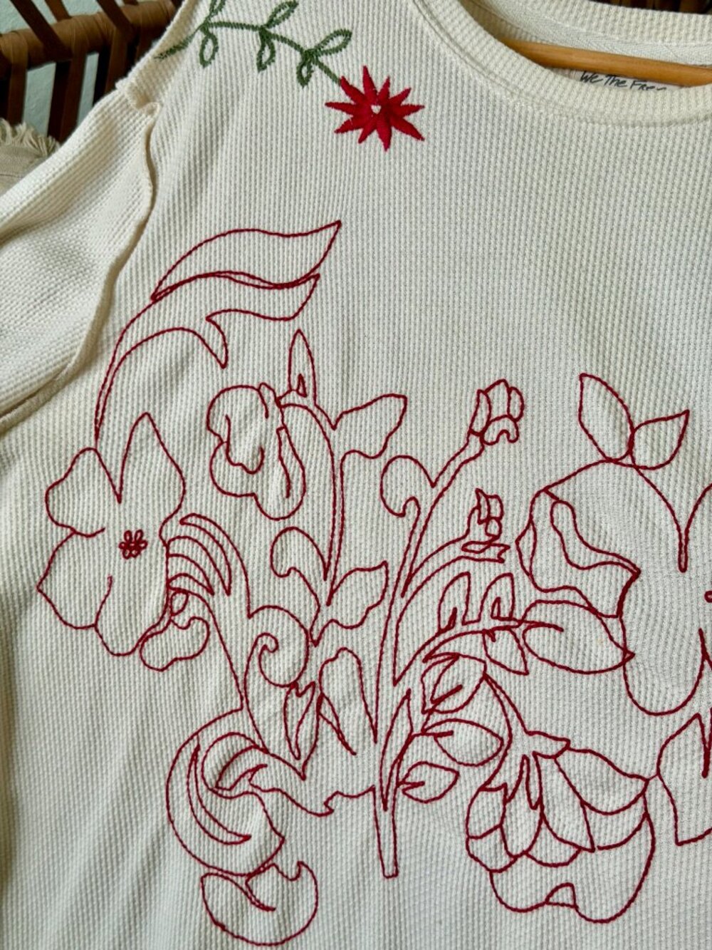 Free People Embroidered Floral Waffle Knit Long Sleeve Tee Medium Boho - Picture 12 of 16